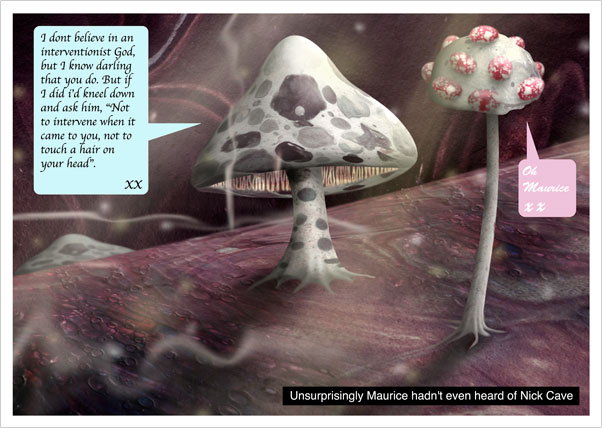 Print of Colourful Comic Postcard of a Mushroom Singing a love song To Another by Bourdon Brindille