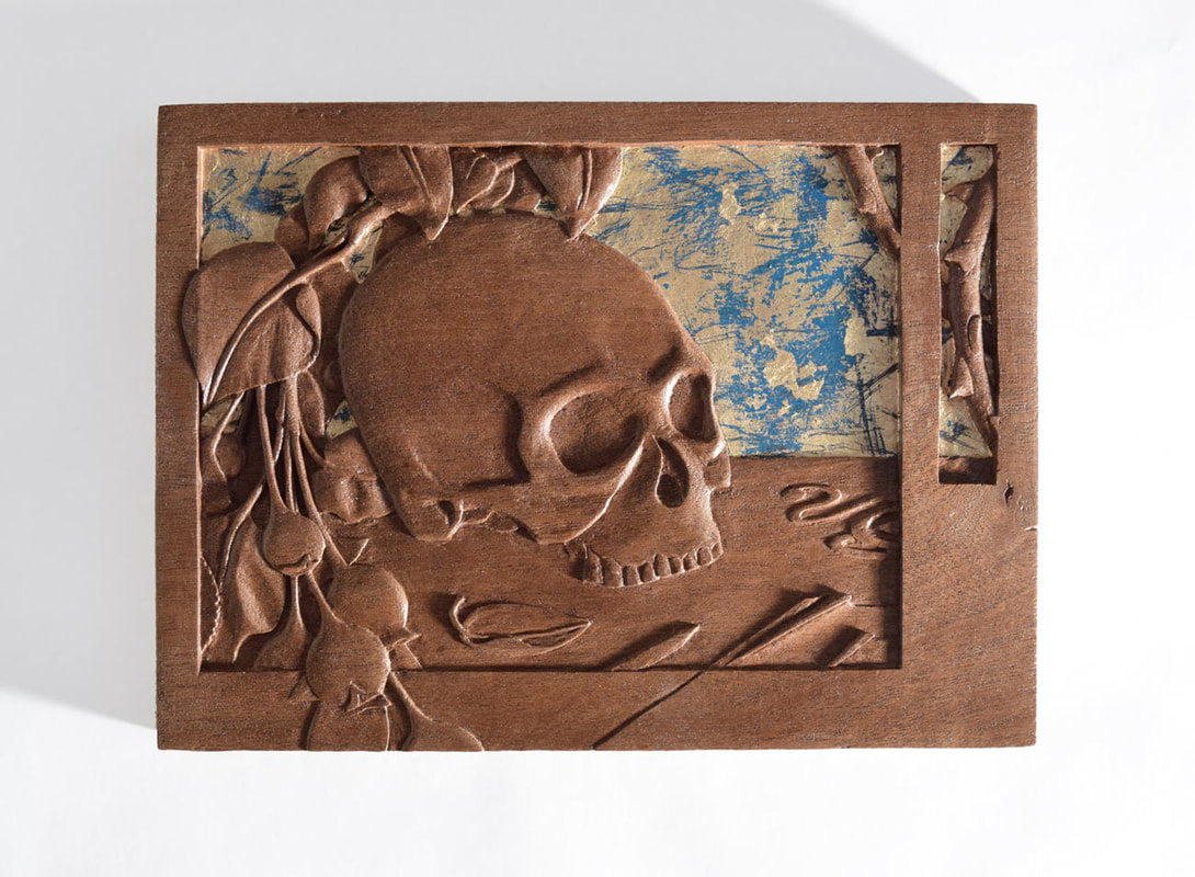 Hand Carved Wood Relief of Skull, Pen, Thorns and Flowers by Bourdon Brindille