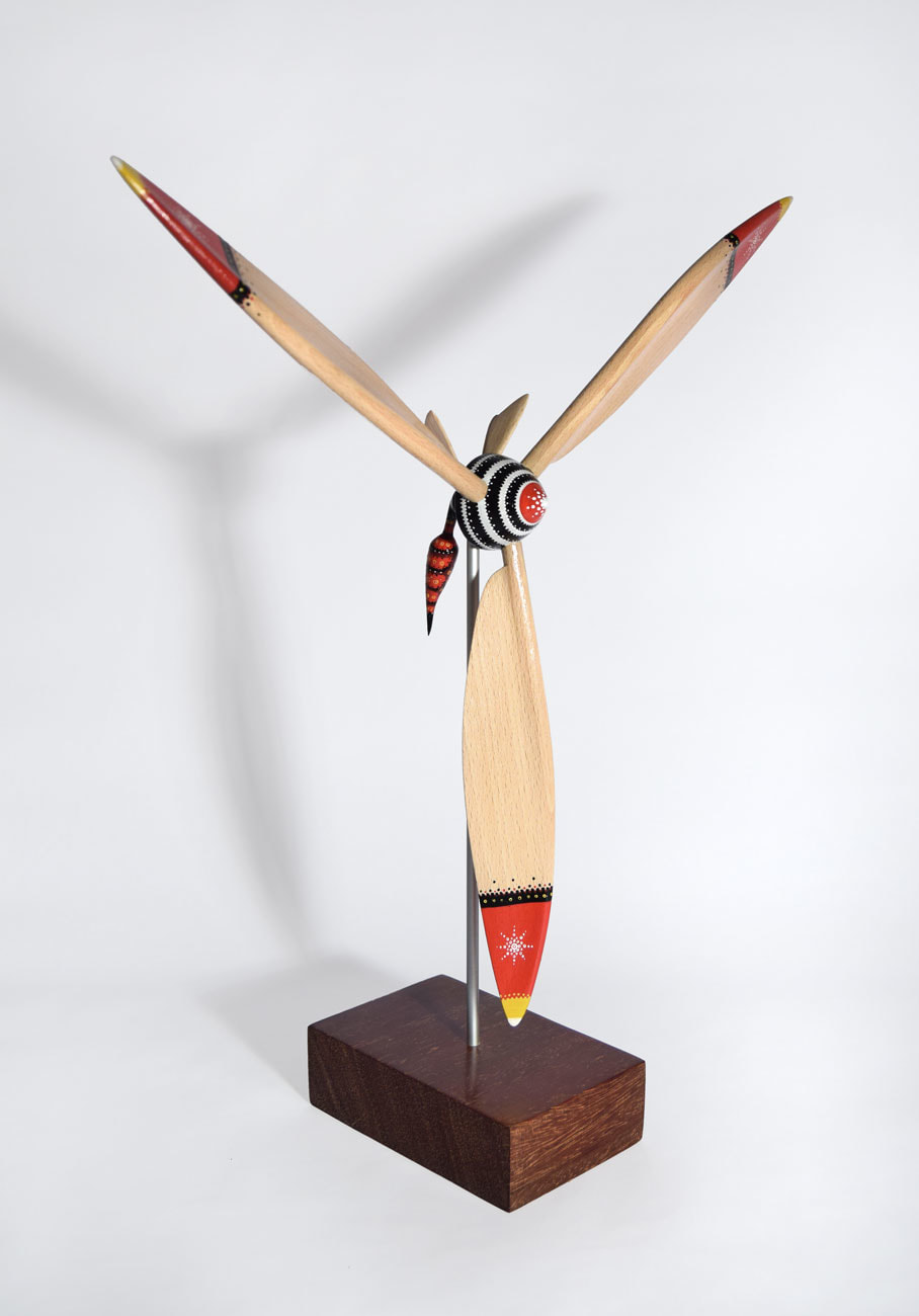 Wooden Sculpture of a Bee with huge propeller by Bourdon Brindille
