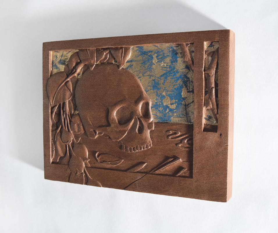Hand Carved Wood Relief of Skull, Pen, Thorns and Flowers by Bourdon Brindille