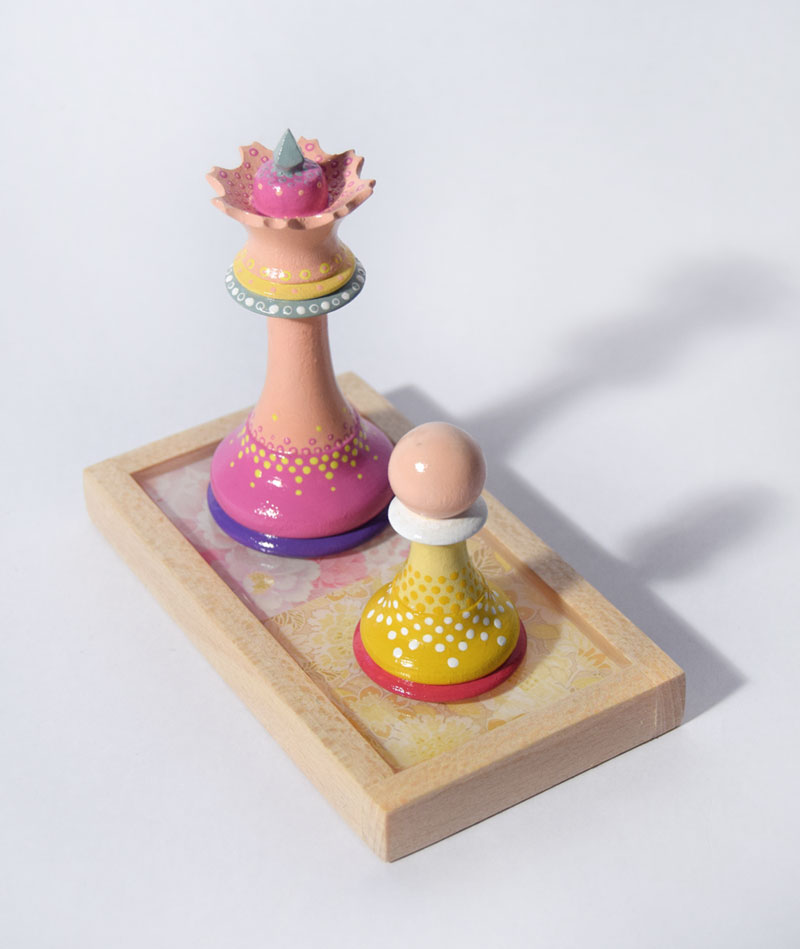 Colourfully Painted Queen and Pawn Chess Piece by Bourdon Brindille