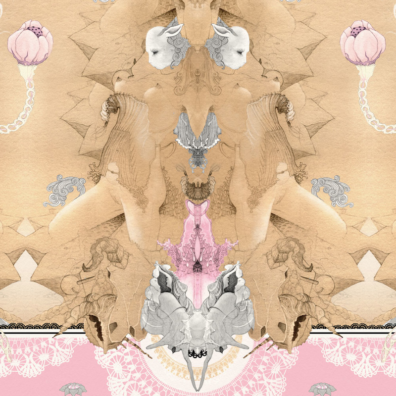 Close up of erotically suggestive mirrored image with pink and grey pallette entitled Double Take by Bourdon Brindille