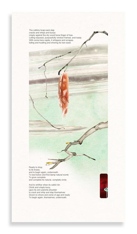 Illustrated Poem showing Oriental-esque painted Catkin and Branch entitled Catkin. By Bourdon Brindille
