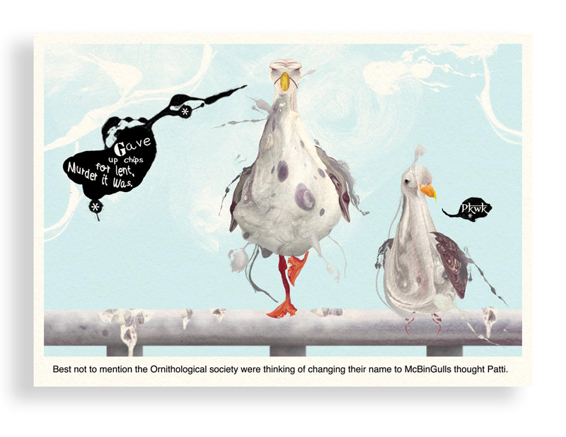 Print of Colourful Comic Postcard of a Seagull Giving up Chips for Lent by Bourdon Brindille