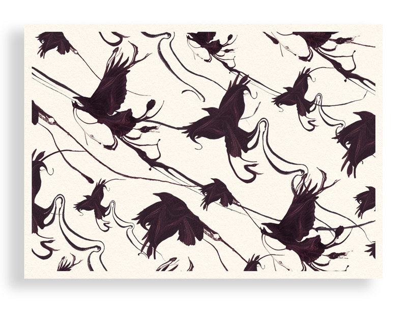 Postcard sized print of Trippy Blackbirds by Bourdon Brindille