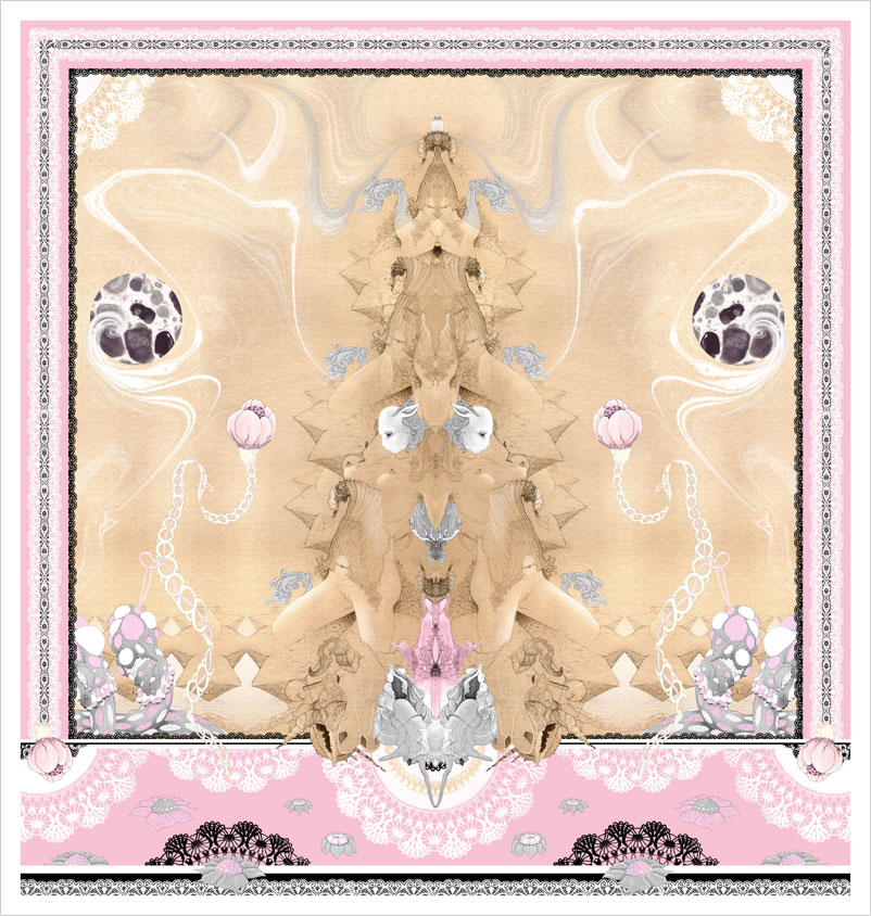 Erotically suggestive mirrored image with pink and grey pallette entitled Double Take by Bourdon Brindille