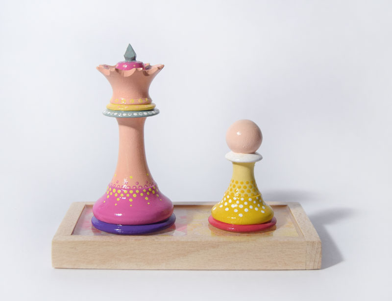 Colourfully Painted Queen and Pawn Chess Piece by Bourdon Brindille