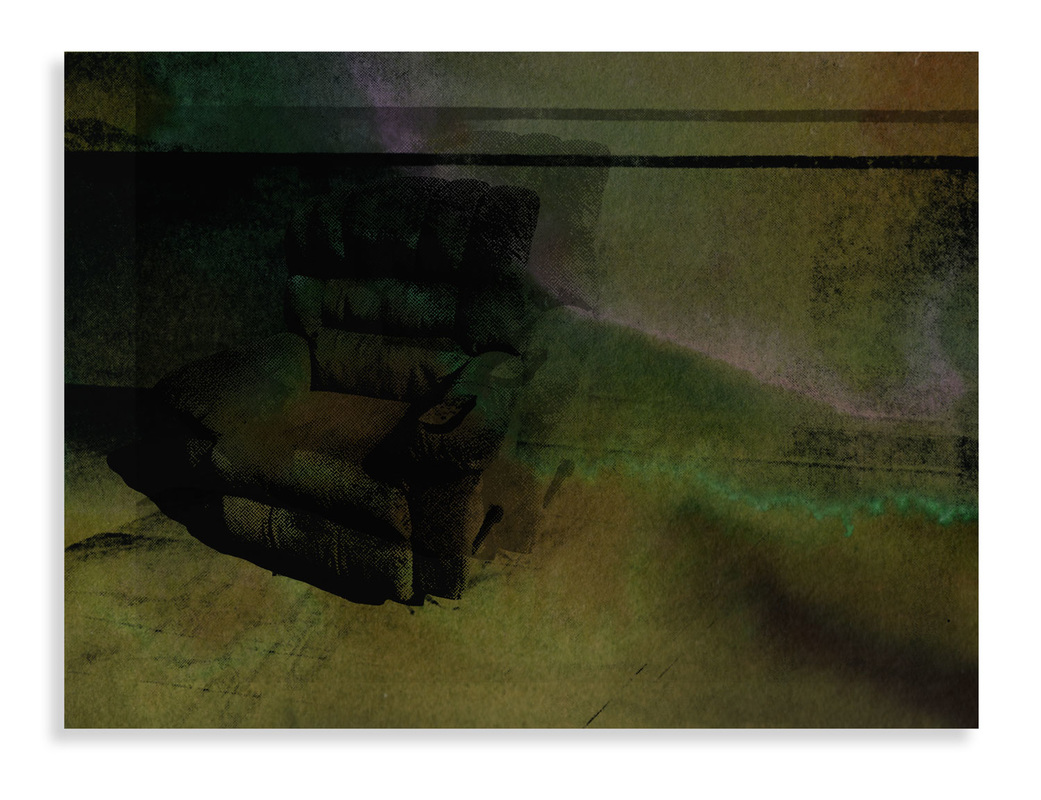 Mock Screen printed image of an armchair and remote in dark green by Bourdon Brindille